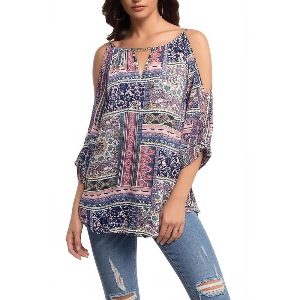 By and By XS Multicolor‎ Paisley Cold Shoulder Keyhole Split Sleeve Blouse Boho
